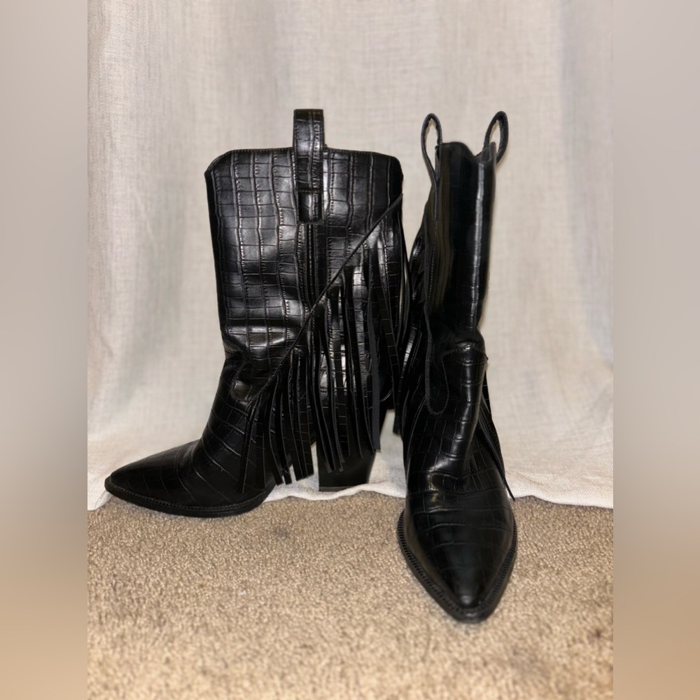 ISNOM Black Fringe Cowgirl Boots. Only worn once!